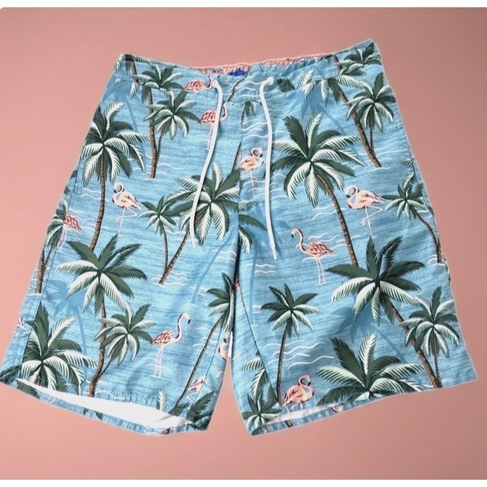 St. John's Bay Swim Trunks Men Medium Blue Flamingo Palm Tree Tropical Shorts